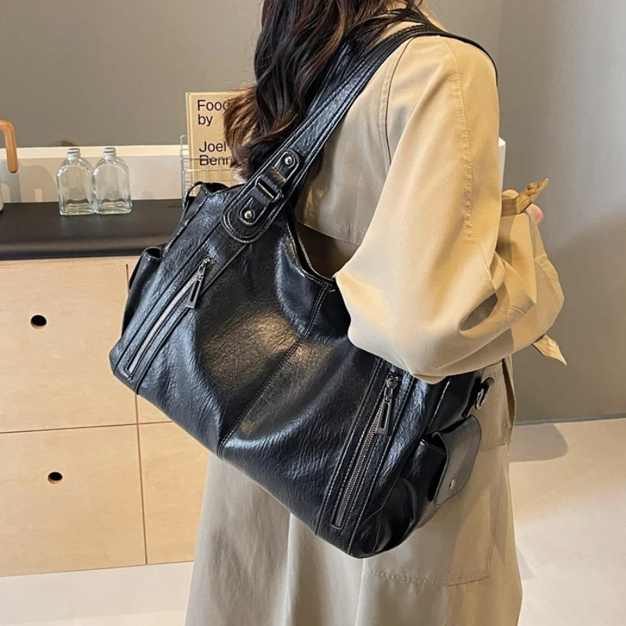 Women's Structured Shoulder Bag with Zip Pockets