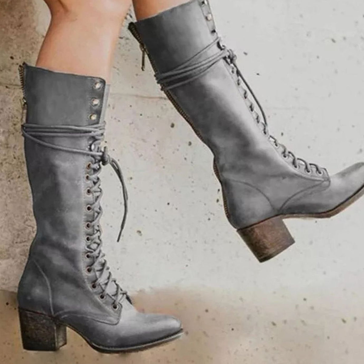 Women's Vintage Lace-Up Knee-High Block Heel Boots