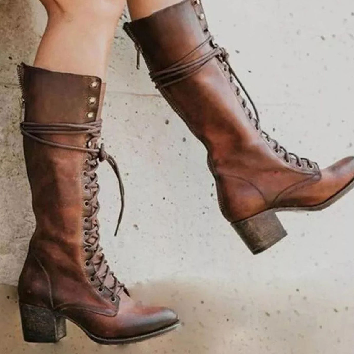 Women's Vintage Lace-Up Knee-High Block Heel Boots