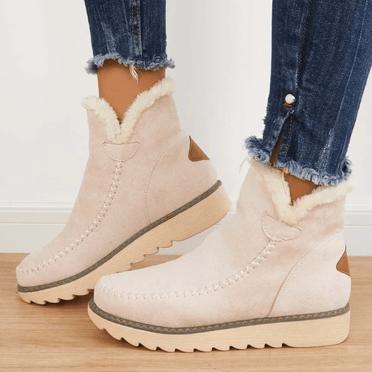 Women's Warm-Lined Ankle Boots with Plush Trim and Low Platform Sole