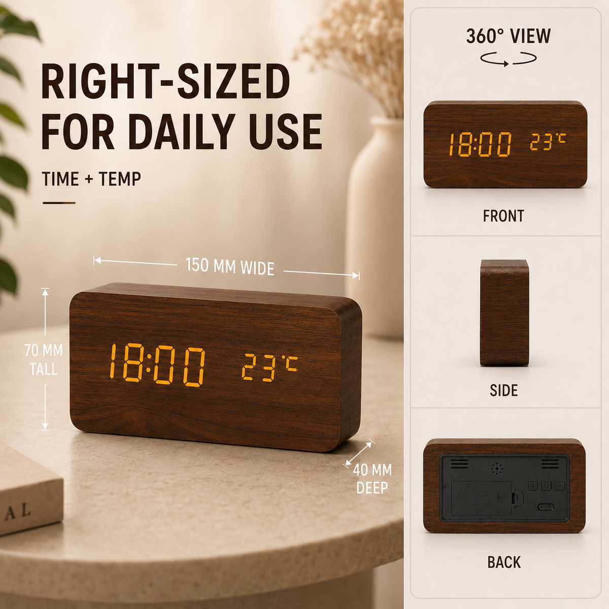 Wood Finish Digital Alarm Clock