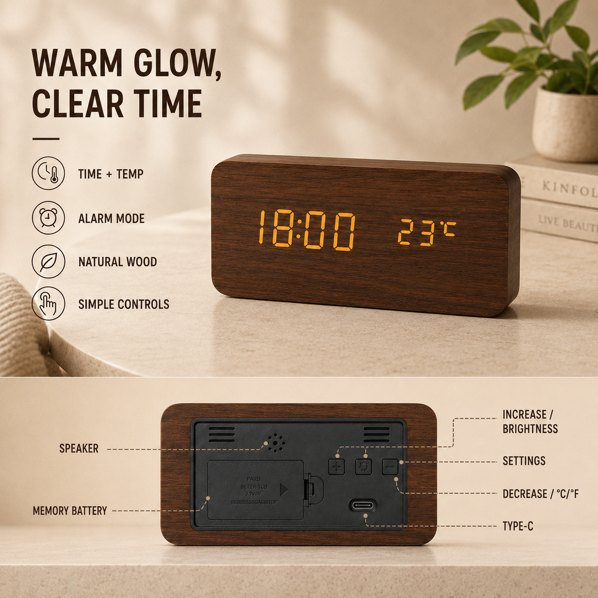 Wood Finish Digital Alarm Clock