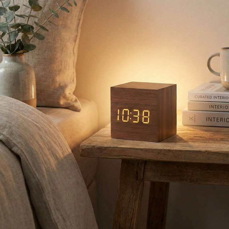 Wooden Desk Alarm Clock with Sunrise Simulation and LED Display